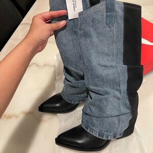 Urban Revivo black and blue denim boots #denimboots